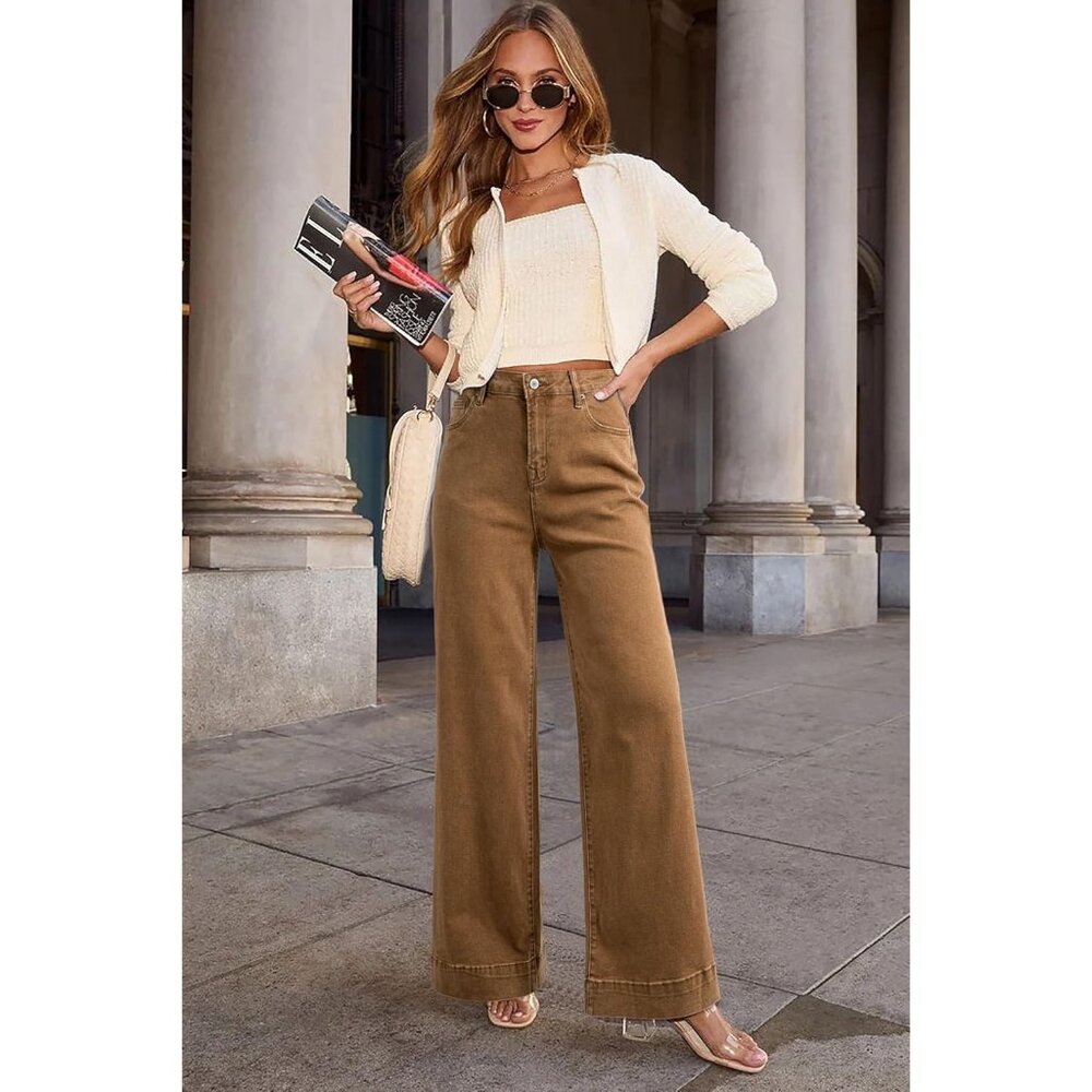 Women Light French Beige Wide Leg Denim Jeans Stretchy Loose Pant with Pockets - Picture 2 of 6